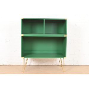 Thomasville Mid-Century Hollywood Regency Campaign Green Lacquered Bookcase on Hairpin Legs, Newly Refinished