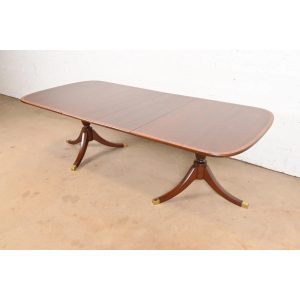 Baker Furniture Style Georgian Banded Mahogany Double Pedestal Extension Dining Table, Newly Refinished