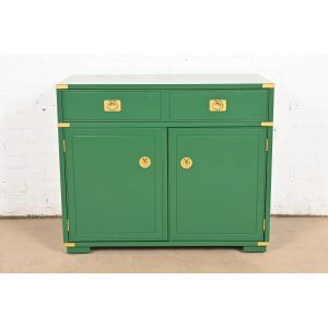Thomasville Mid-Century Hollywood Regency Campaign Green Lacquered Bar Cabinet, Newly Refinished
