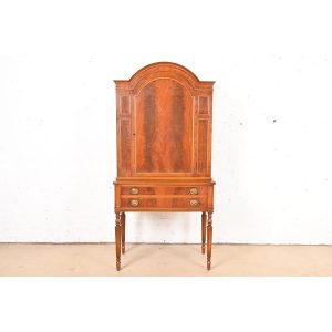 Flint & Horner Antique French Regency Louis XVI Flame Walnut and Burl Wood Bar Cabinet or Bookcase, Circa 1930s