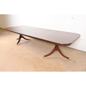 Baker Furniture Style Georgian Banded Flame Mahogany Double Pedestal Extension Dining Table, Newly Refinished
