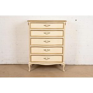 Henredon French Provincial Louis XV Cream Lacquered Parcel Gilt Highboy Dresser, Circa 1960s