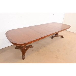 Kindel Furniture Regency Banded Mahogany Double Pedestal Extension Dining Table, Newly Refinished