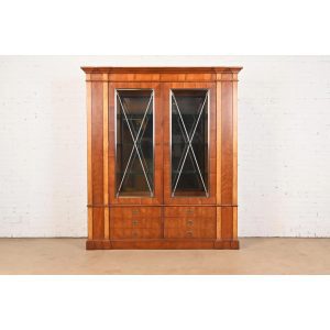 Henredon Neoclassical or French Empire Carved Cherry and Burl Wood Lighted Breakfront Bookcase Cabinet