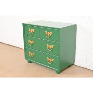 Henredon Mid-Century Hollywood Regency Chinoiserie Green Lacquered Bedside Chest, Newly Refinished