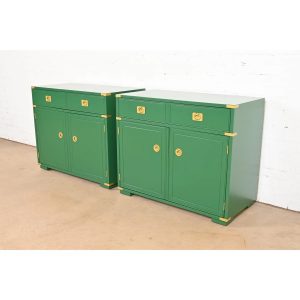 Thomasville Mid-Century Hollywood Regency Campaign Green Lacquered Bar Cabinets, Newly Refinished