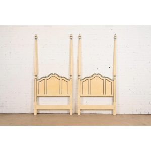Baker Furniture French Provincial Louis XV Cream Lacquered Twin Size Poster Headboards, Pair