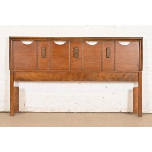 Mayan Collection Mid-Century Modern Sculpted Walnut Queen Size Headboard, 1960s