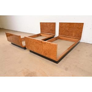 Émile-Jacques Ruhlmann Style French Art Deco Burl Wood Twin Size Beds, Pair