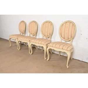 Karges French Provincial Louis XV Cream Lacquered and Gold Gilt Side Chairs or Dining Chairs, Set of Four