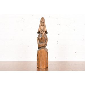 Vintage Folk Art Hand-Carved Wooden Sculpture of a Thinking Man
