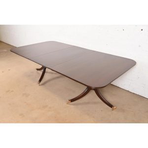 Baker Furniture Style Georgian Mahogany Double Pedestal Extension Dining Table, Newly Refinished