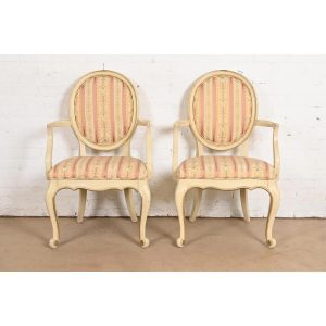 Karges French Provincial Louis XV Cream Lacquered and Gold Gilt Armchairs or Dining Chairs, Pair