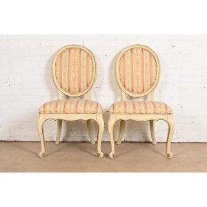 Karges French Provincial Louis XV Cream Lacquered and Gold Gilt Side Chairs or Dining Chairs, Pair