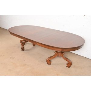 Thomasville Regency Walnut and Burl Wood Double Pedestal Extension Dining Table, Newly Refinished