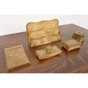 Tiffany Studios New York Pine Needle Bronze Doré and Favrile Slag Glass Five-Piece Desk Set, Circa 1910
