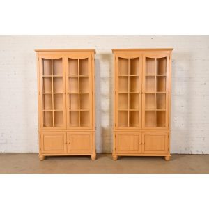 Ethan Allen Arts & Crafts Shaker Maple Lighted Bookcase Cabinets, Pair