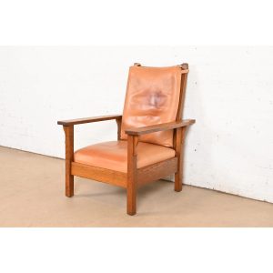Gustav Stickley Antique Mission Oak Arts & Crafts Open Arm Reclining Morris Lounge Chair, Circa 1910