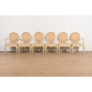 Karges French Provincial Louis XV Cream Lacquered and Gold Gilt Dining Chairs, Set of Six