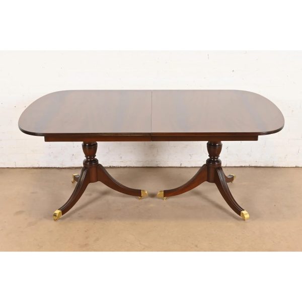 Kindel Furniture Georgian Flame Mahogany Double Pedestal Extension Dining Table, Newly Refinished - Image 7