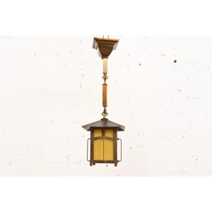 Roycroft Antique Arts & Crafts Brass and Caramel Glass Lantern Pendant Light, Circa 1920s