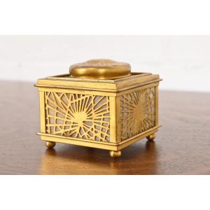 Tiffany Studios New York Pine Needle Bronze Doré and Favrile Slag Glass Inkwell