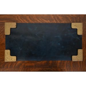 Tiffany Studios New York Zodiac Bronze Doré Blotter Corners With Leather Desk Blotter