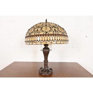 Tiffany Studios Style Arts & Crafts Table Lamp With Jeweled Stained Glass Shade