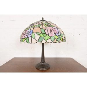 Tiffany Studios Style Arts & Crafts Table Lamp With Pink Rose Stained Glass Shade