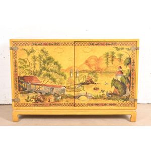 John Widdicomb Hollywood Regency Chinoiserie Hand-Painted Yellow Lacquered Bar Cabinet