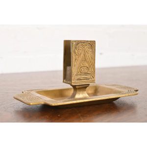 Tiffany Studios New York Chinese Pattern Bronze Doré Ashtray With Match Box Holder