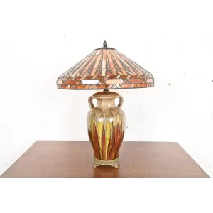 Tiffany Style Arts & Crafts Ceramic Table Lamp With Stained Glass Shade