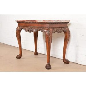 Baker Furniture Chippendale Carved Walnut and Marble Top Console Table With Paw Feet