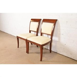 Baker Furniture Modern Regency Cherry Wood Upholstered Side Chairs or Dining Chairs, Pair