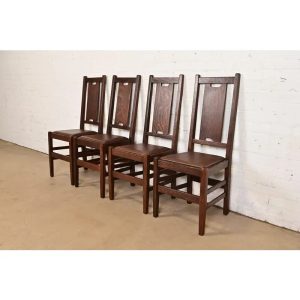 Gustav Stickley Antique Mission Oak Arts & Crafts H-Back Dining Chairs, Set of Four
