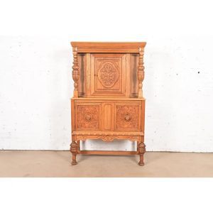 Antique English Jacobean Carved Oak and Burl Wood Bar Cabinet, Circa 1920s