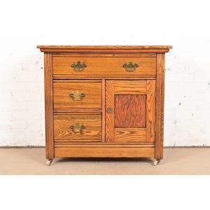 Herter Brothers Style Antique Eastlake Victorian Carved Oak Washstand or Commode, Circa 1880s