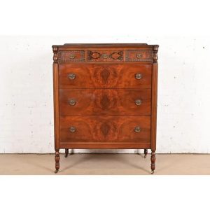 Berkey & Gay Style Antique French Regency Louis XVI Carved Burled Walnut Highboy Dresser, Circa 1920s
