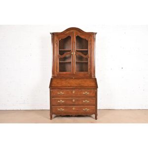 Baker Furniture French Provincial Louis XV Carved Walnut Drop Front Secretary Desk With Bookcase Hutch