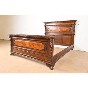 Antique Italian Renaissance Revival Carved Walnut and Burl Wood Queen Size Bed, Circa 1900