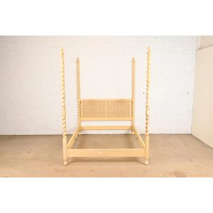 Baker Furniture English Country William & Mary Barley Twist and Cane Cream Lacquered Queen Size Poster Bed