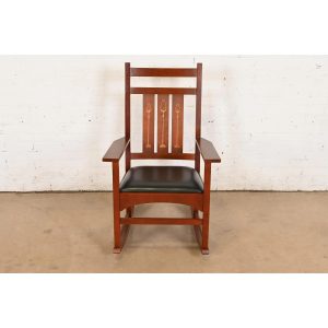 Stickley Harvey Ellis Collection Mission Arts & Crafts Inlaid Cherry Wood and Leather Rocking Chair