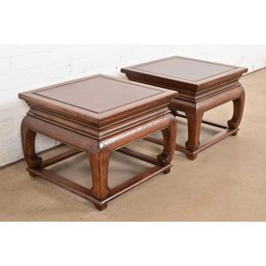 Michael Taylor for Baker Furniture Hollywood Regency Chinoiserie Burl Wood Side Tables, Newly Refinished