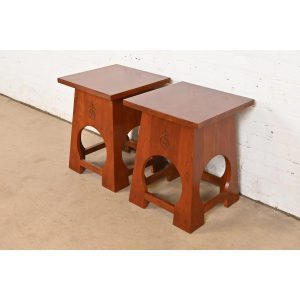 Roycroft Arts & Crafts Cherry Wood Tabourets by Stickley, Pair