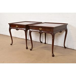 Baker Furniture Queen Anne Walnut and Burl Wood Nightstands or End Tables, Pair