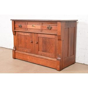 Antique Victorian Carved Oak Marble Top Sideboard Buffet or Bar Cabinet, Circa 1890s