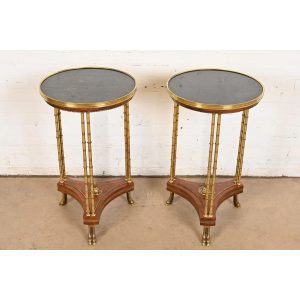 Baker Furniture Style Regency Burl Wood and Brass Marble Top Guéridon Side Tables, Pair