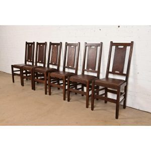 Gustav Stickley Antique Mission Oak Arts & Crafts H-Back Dining Chairs With Leather Seats, Newly Restored