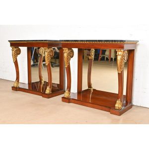 Kindel Furniture Empire Carved Mahogany and Gold Gilt Console Tables With Mirrored Backs, Pair