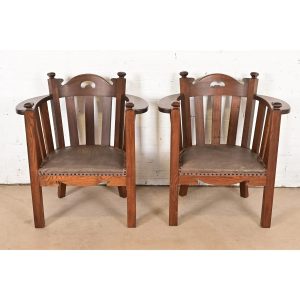 Stickley Brothers Style Antique Mission Oak Arts & Crafts Cube Club Chairs, Pair